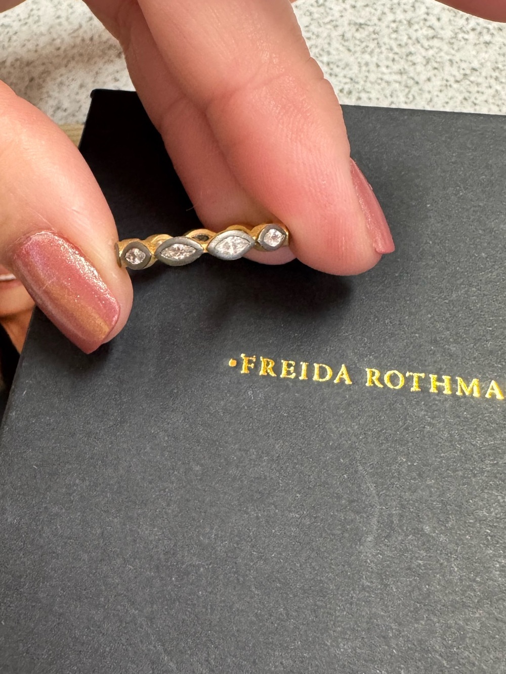 Freida Rothman Matte Gold and Rhodium Marquise Stacking Ring - Picture 2 of 4